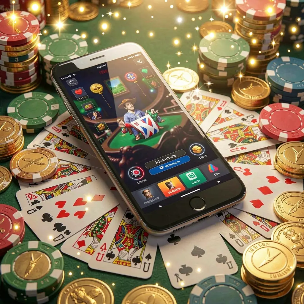 9677BET mobile gaming application concept showing a smartphone surrounded by playing cards, roulette chips, gold coins, and sparkling lights in a premium casino style