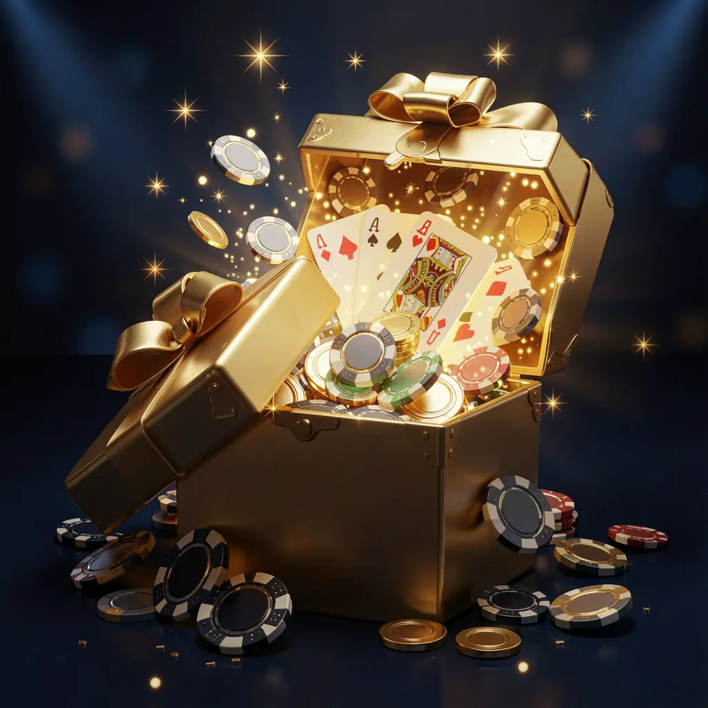 A luxurious welcome bonus scene for 9677BET online casino featuring an open golden gift box with casino chips, playing cards, and sparkling coins bursting out against a premium dark blue and black background with a bright golden glow in an elegant festive mood
