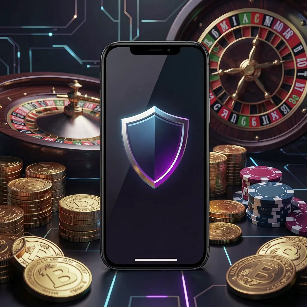 9677BET secure mobile casino access showing a phone screen with shield icon, roulette wheel, poker chips, and golden coins in a dark cyber luxury atmosphere