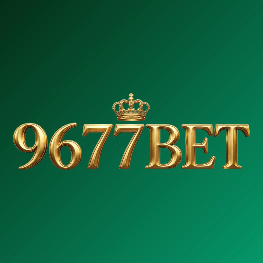 9677BET royal logo design featuring a gold metallic crown above the text with a luxury brand feel, displayed as a wide horizontal rectangular wordmark logo on a transparent background