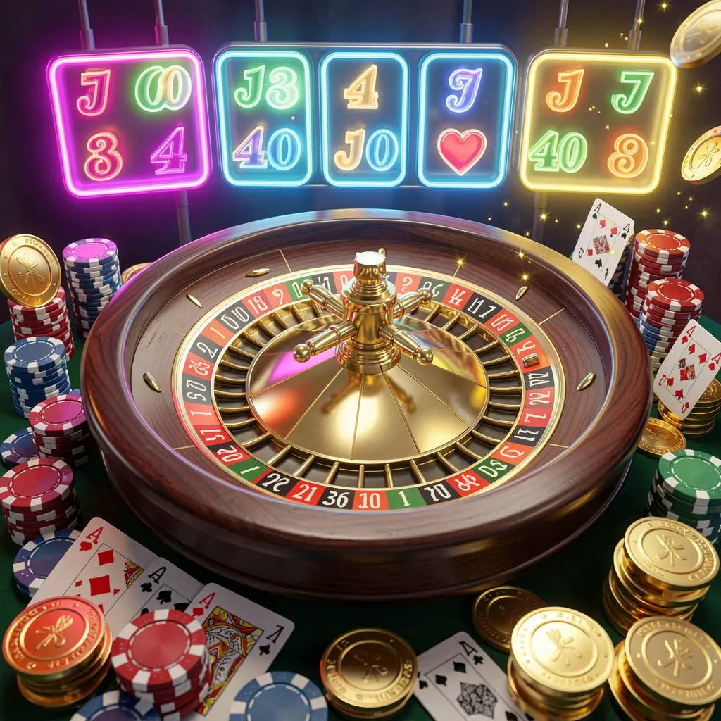 9677BET casino homepage visual featuring a realistic 3D render of a roulette wheel, poker chips, playing cards, golden coins, and jackpot lights with bright neon glow in a dynamic composition